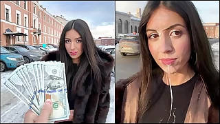 Handsomeness walks with cum on her face in public, for a generous reward from a stranger - Cumwalk